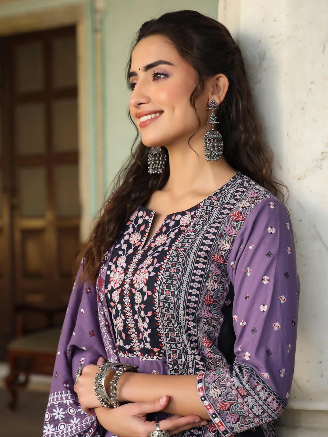 Juniper Women's Lavender Cambric Geometric Printed Mix And Match Kurta Palazzo And Dupatta Set | Grocsy
