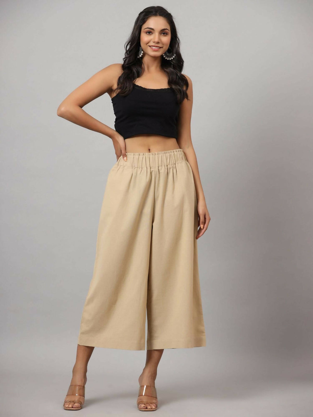 Juniper Women's Beige Cotton Flex Flared Culottes | Grocsy