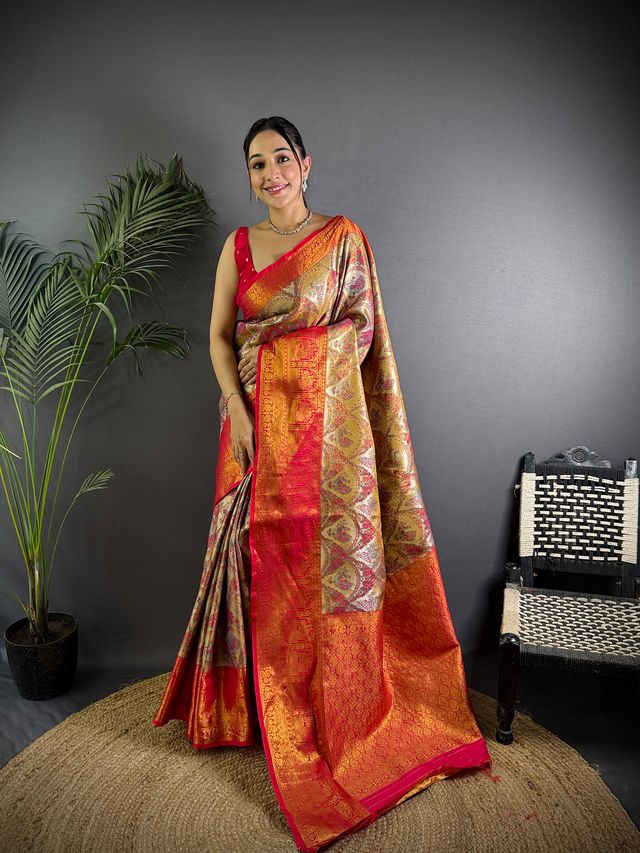 Elora Brown Silk Leheriya Meenakari Zari Weaves Dharmavaram Saree | Grocsy