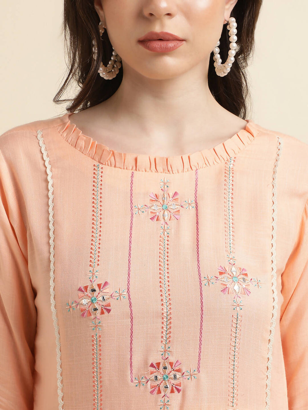 Peach Poly Cotton Yoke Embroidered A-line Top - Tarini | Grocsy