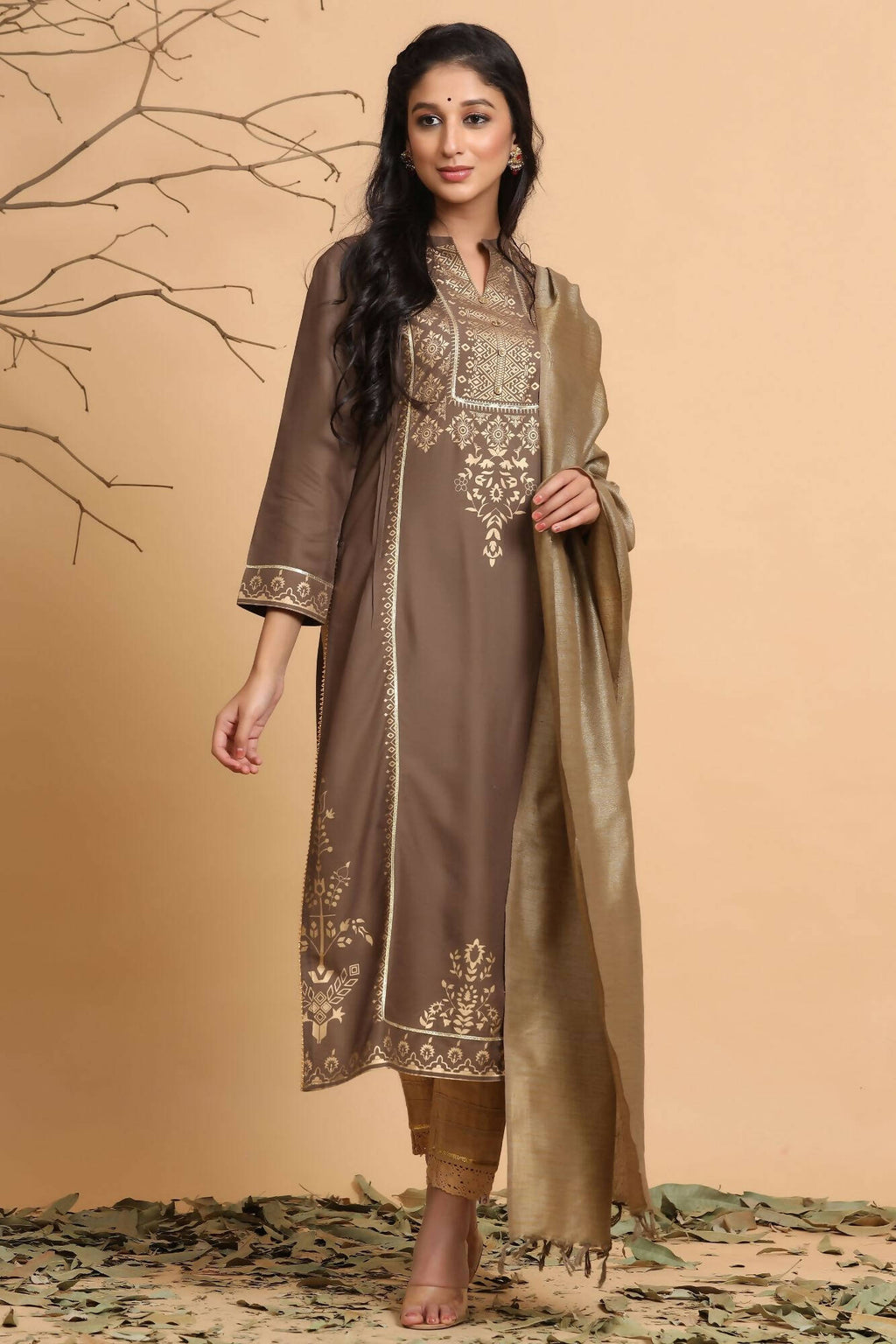 Juniper Women's Brown Rayon Printed Straight Kurta Set | Grocsy