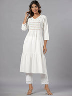 Juniper Women White Seer Sucker Embroidered High Slit Kurta | Grocsy