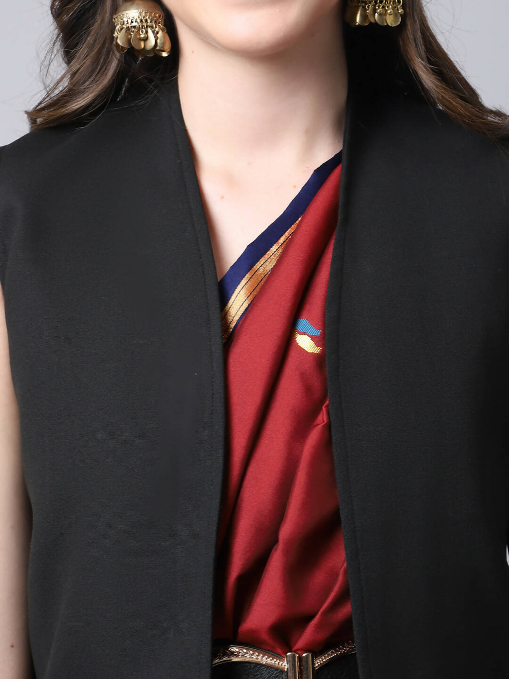 Even Apparels Black Polywool Open Front Women's Long Coat | Grocsy