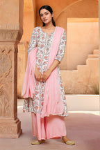 Joban Fashion White Based Flower Printed 'A' Line Princess Cut Cotton Kurti With Contrast Palazzo Set | Grocsy