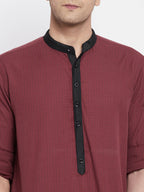 Even Apparels Maroon Pure Cotton Men's Kurta With Contrast Collar And Placket | Grocsy