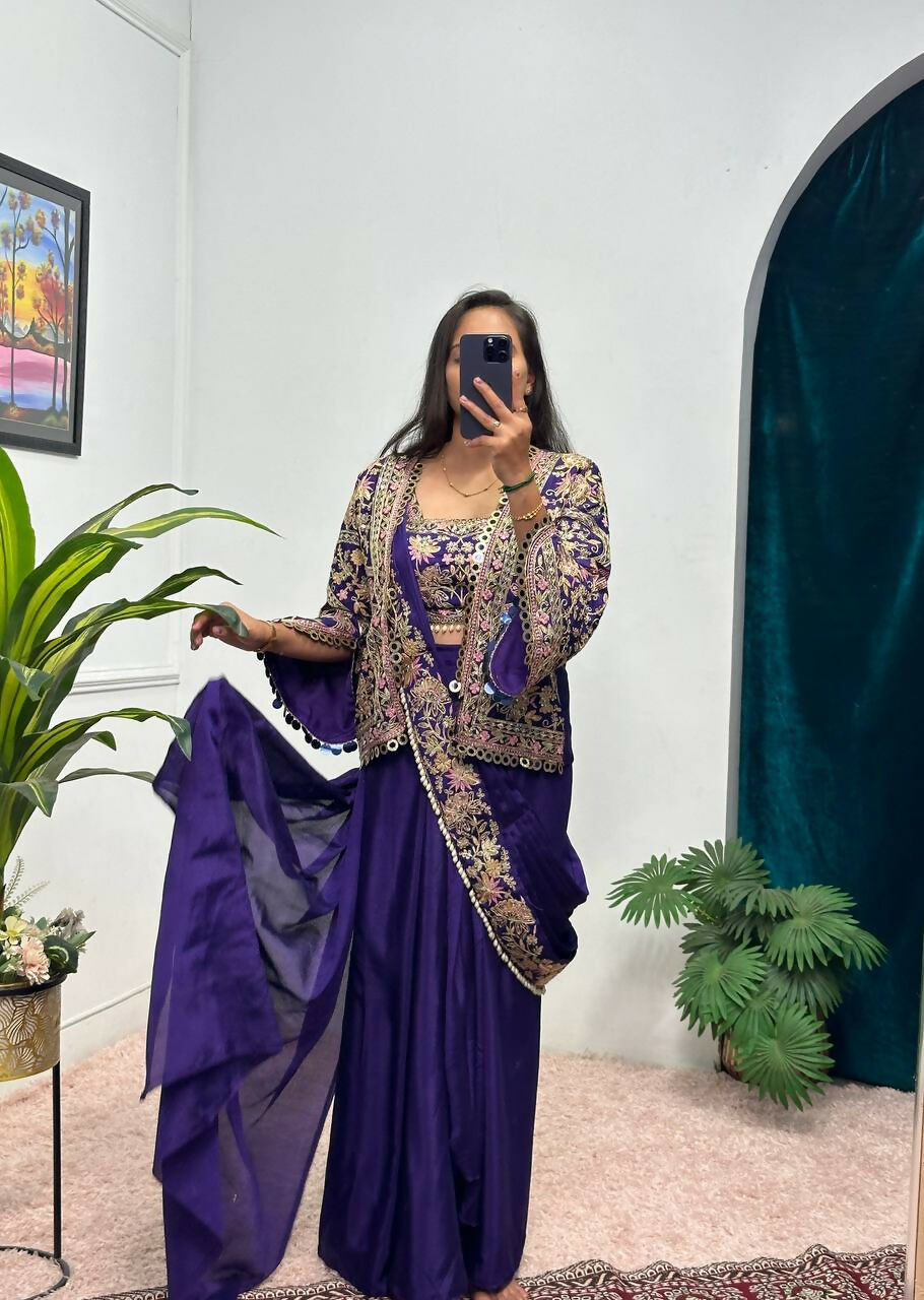 Teeya Creation Purple Color Chinon Silk Embroidery Work Ready To Wear Party Wear Saree With Koti | Grocsy