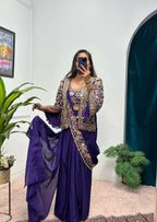 Teeya Creation Purple Color Chinon Silk Embroidery Work Ready To Wear Party Wear Saree With Koti | Grocsy