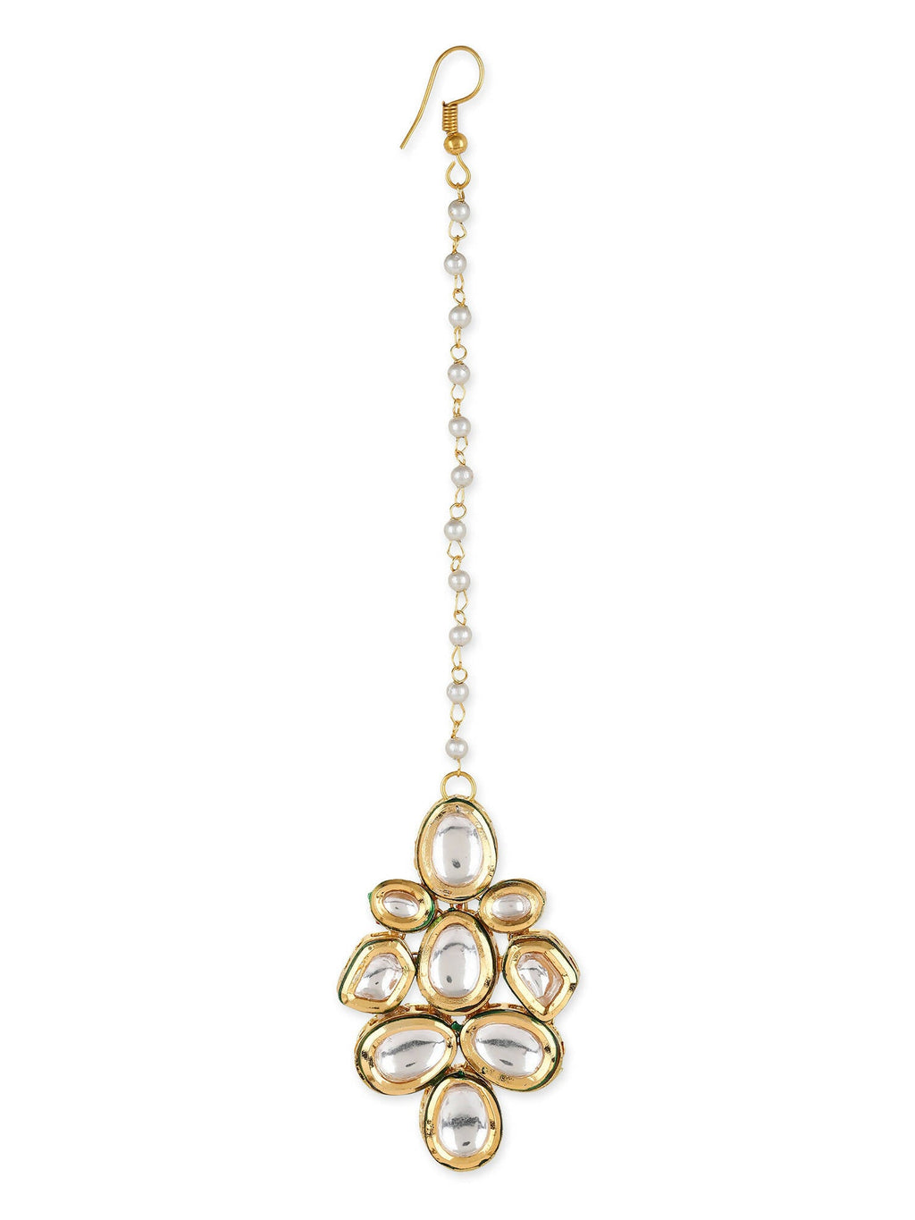 White Gold-Polished Kundan Studded Beaded Maang Tikka - Ruby Raang | Grocsy