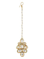 White Gold-Polished Kundan Studded Beaded Maang Tikka - Ruby Raang | Grocsy