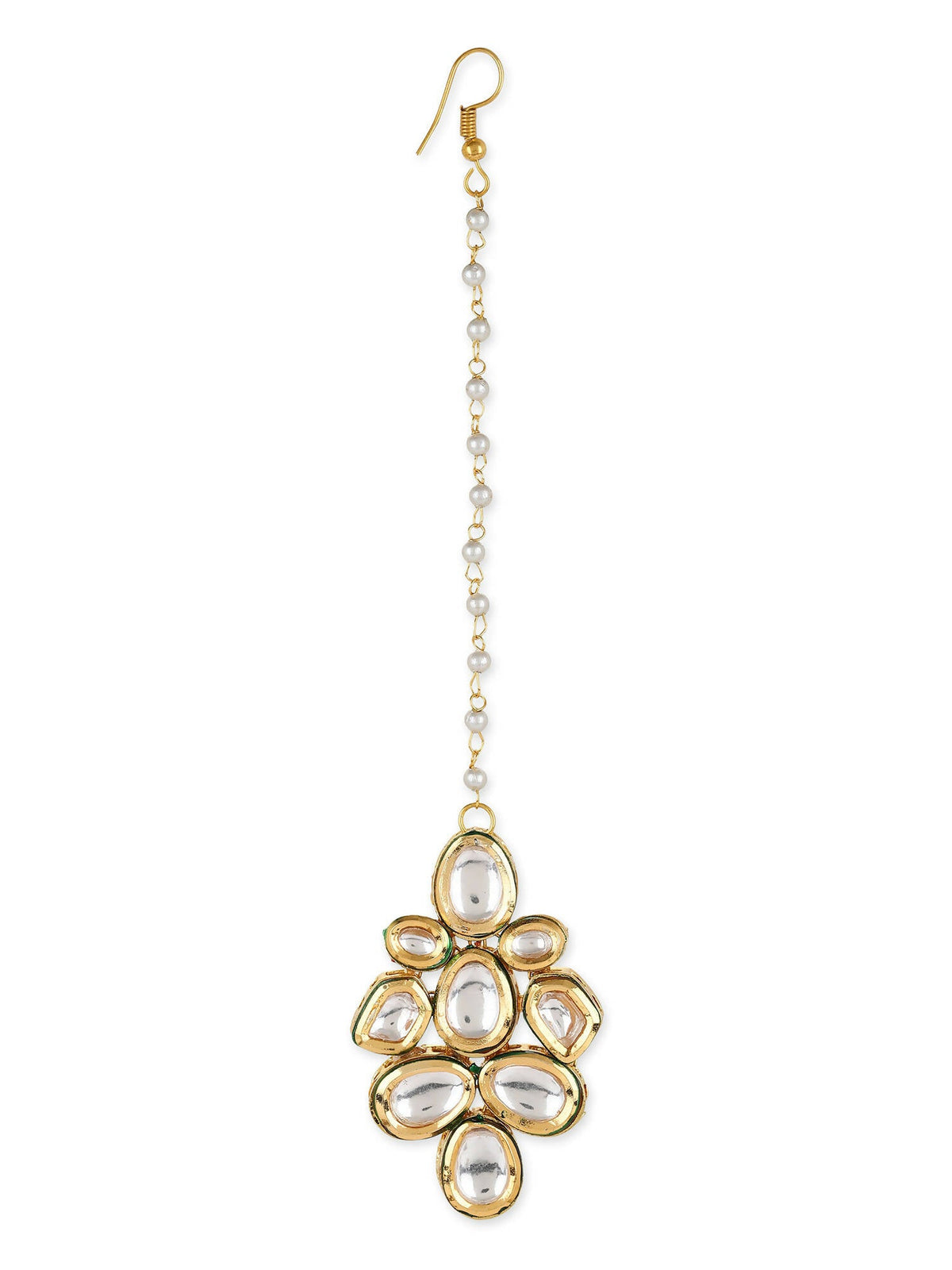 White Gold-Polished Kundan Studded Beaded Maang Tikka - Ruby Raang | Grocsy