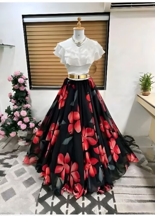 Dishitha Creation Floral Printed Stitched Lehenga & Crop Top - White & Black | Grocsy