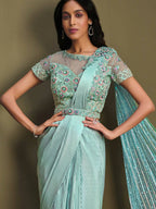 Sky Blue Fancy Crystal Crepe Sequence Embroidered Saree With Stitched Blouse - Mohmanthan La Belle | Grocsy