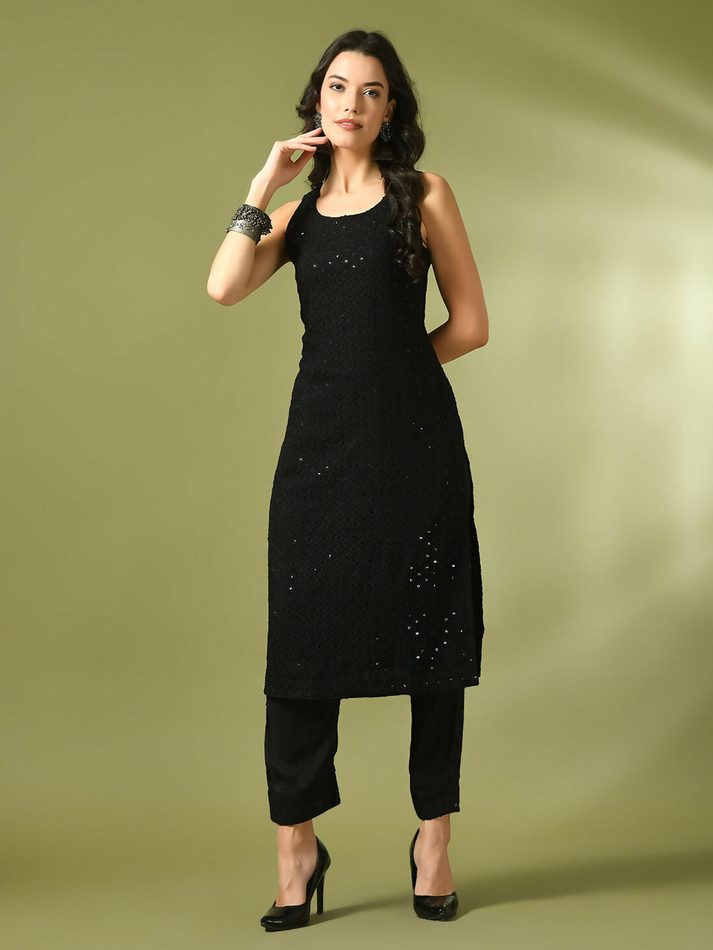 Myshka Women's Black Embroidered Cotton Straight Party Kurta Set | Grocsy