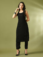 Myshka Women's Black Embroidered Cotton Straight Party Kurta Set | Grocsy