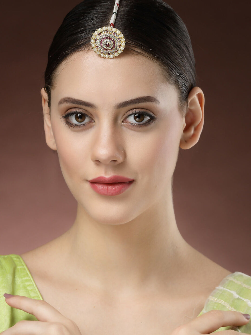 NVR Women's Gold-Polished CZ Stone-Studded Borla Maang Tikka | Grocsy