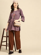 Women's Purple Viscose blend Embroidered Short Top - Marina | Grocsy