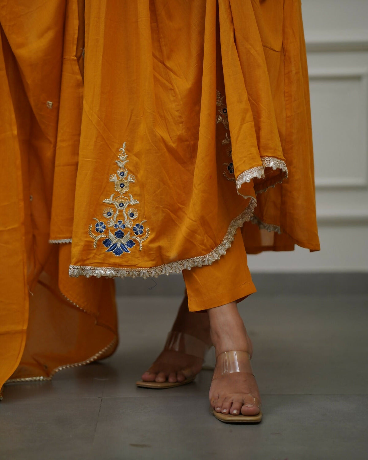 The52 Orange Women's Gorgeous Viscose Fabric Embroidered Work Flared Kurta Pant and Dupatta Set | Grocsy