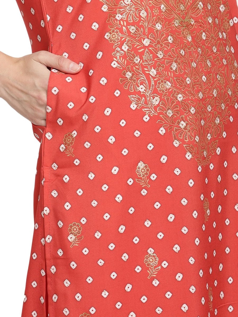 Ahalyaa Red Crepe Bandhani Gold Printed Kurta Pant With Dupatta | Grocsy