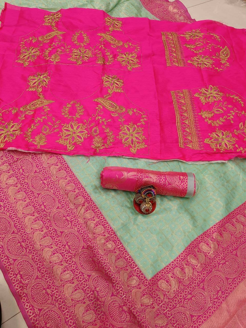 DEIANA'S Beautiful Designer Golden zari Soft Lichi Silk Saree - Pista | Grocsy