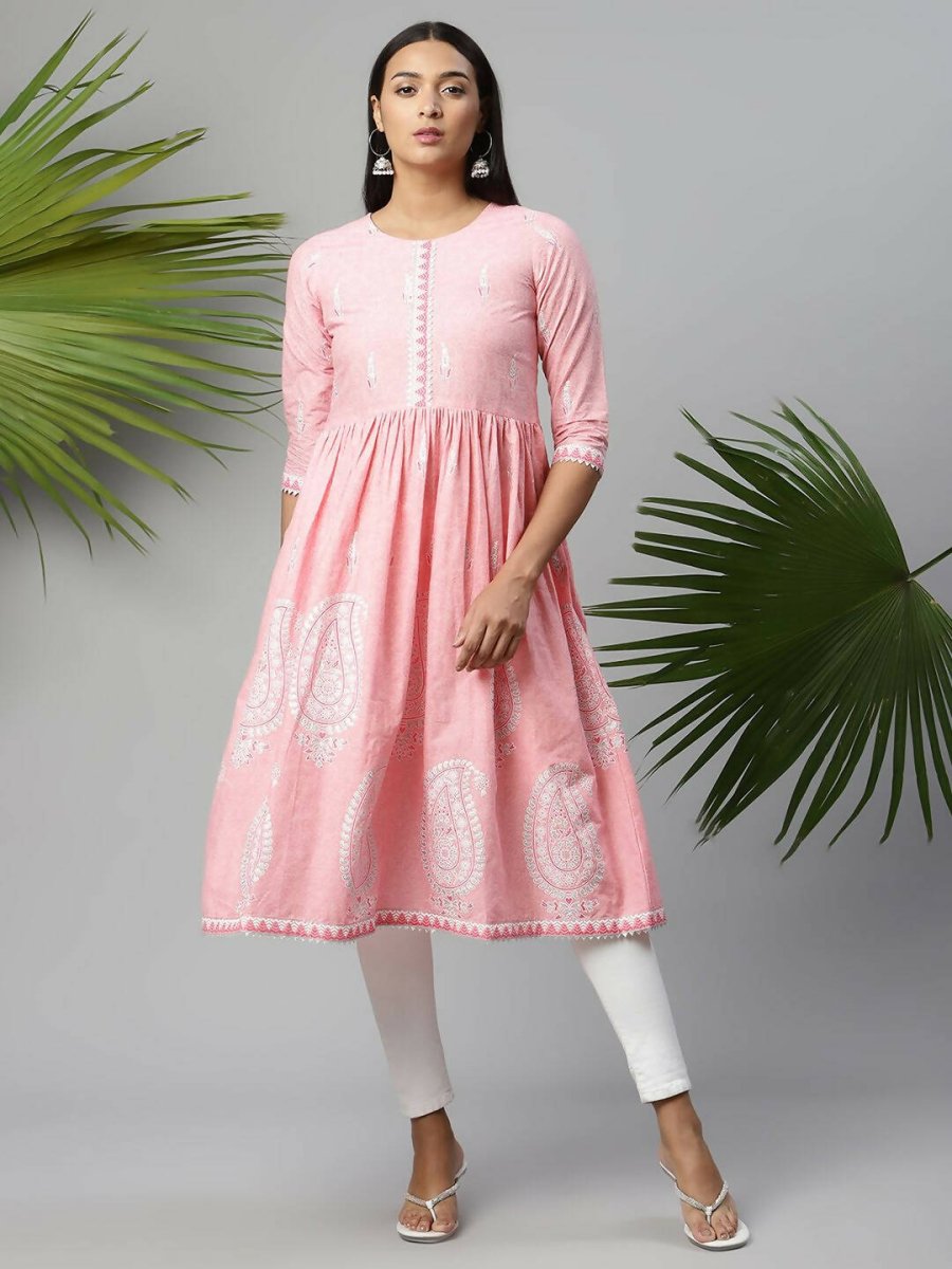 Ahalyaa Womens Pink Pure Cotton Printed Kurtas | Grocsy