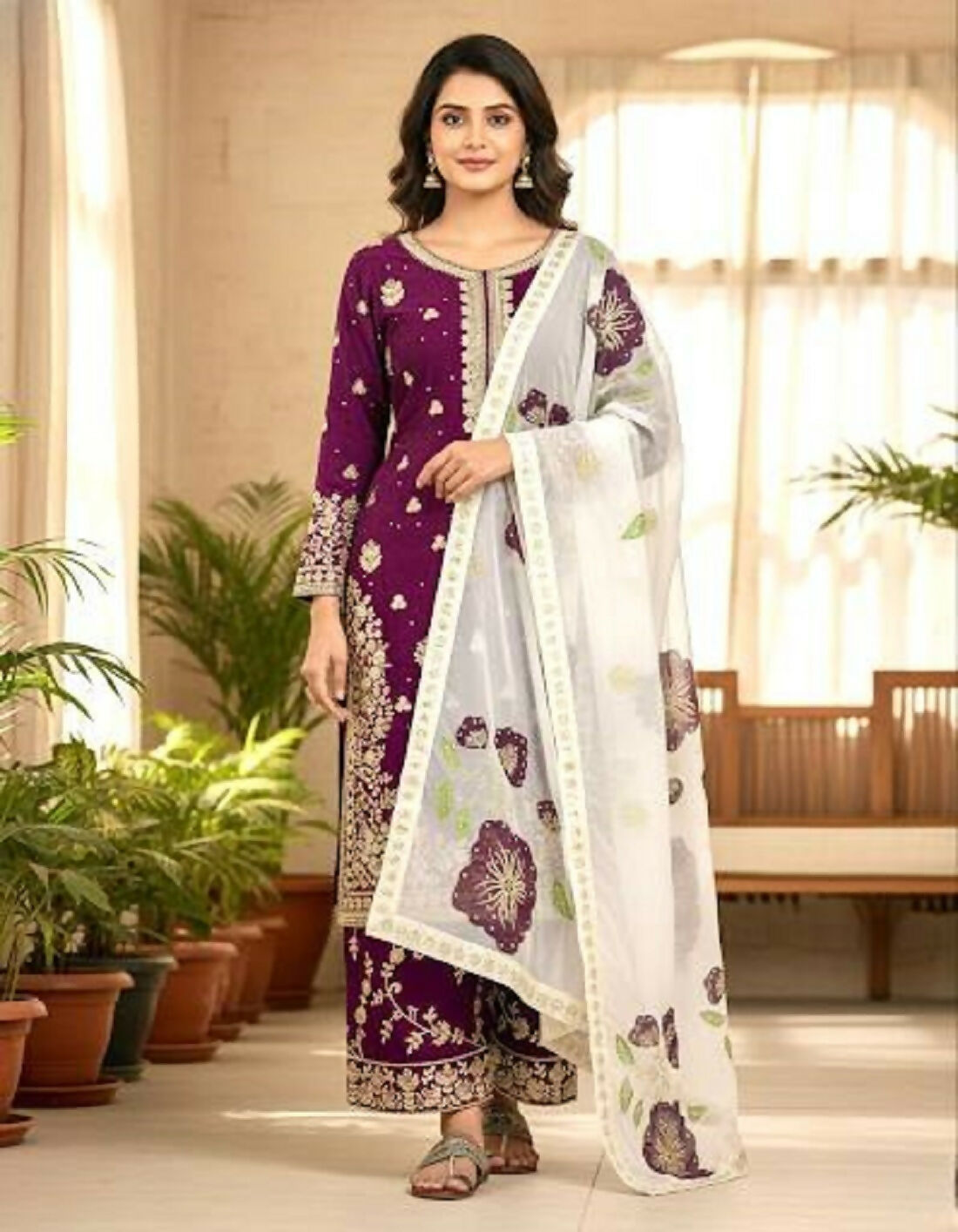 Teeya Creation Wine Fendy Silk Beads Work Designer Wedding Wear Salwar Suit | Grocsy