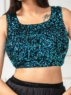 Amodini Designer Studio Women's Velvet Blue Sleeveless Blouse | Grocsy