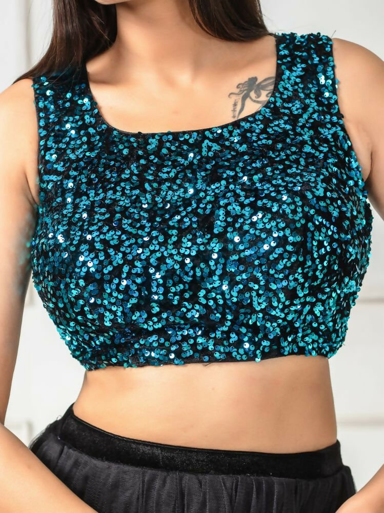 Amodini Designer Studio Women's Velvet Blue Sleeveless Blouse | Grocsy
