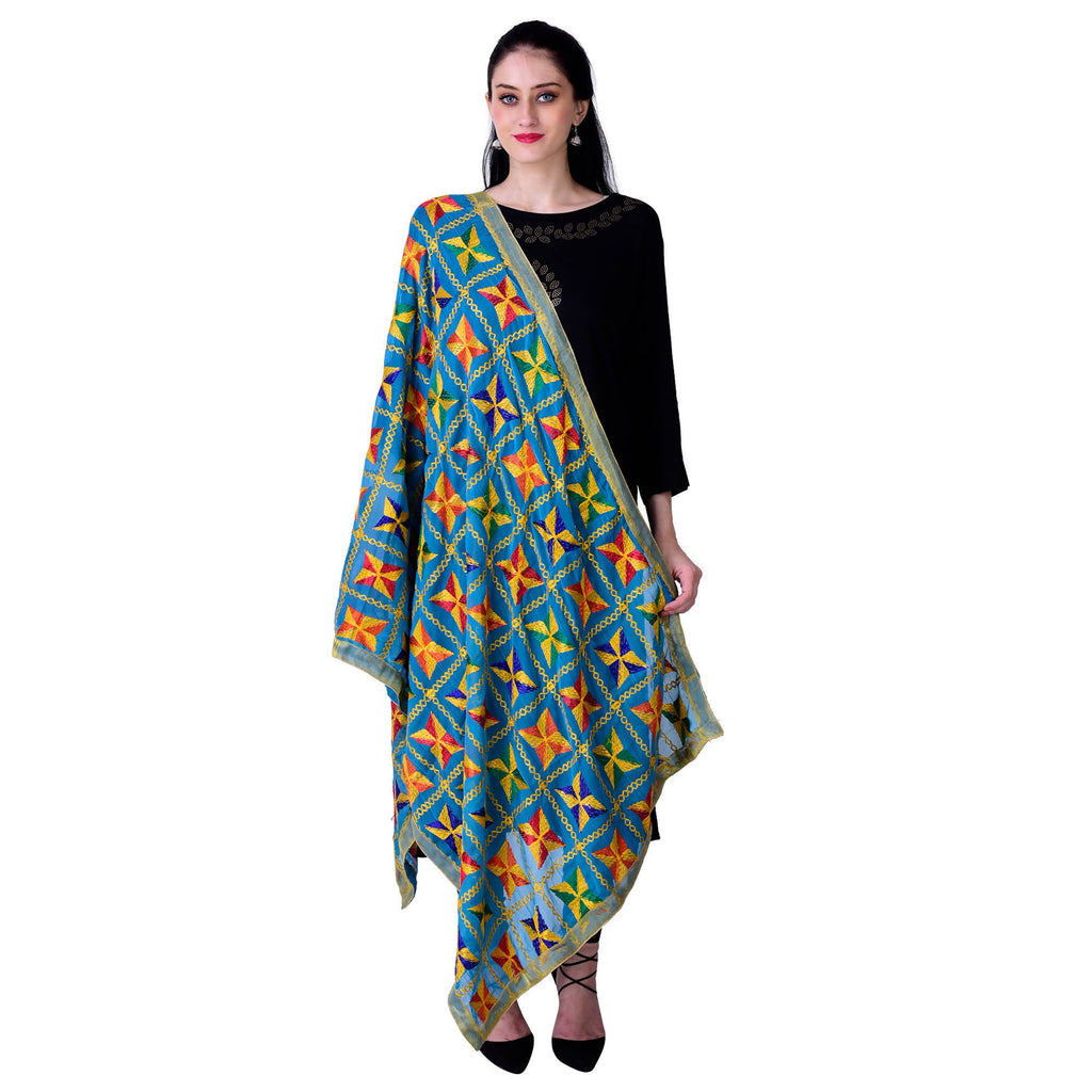 SWI Stylish Women's Embroidered Phulkari Chiffon Turquoise Dupatta | Grocsy