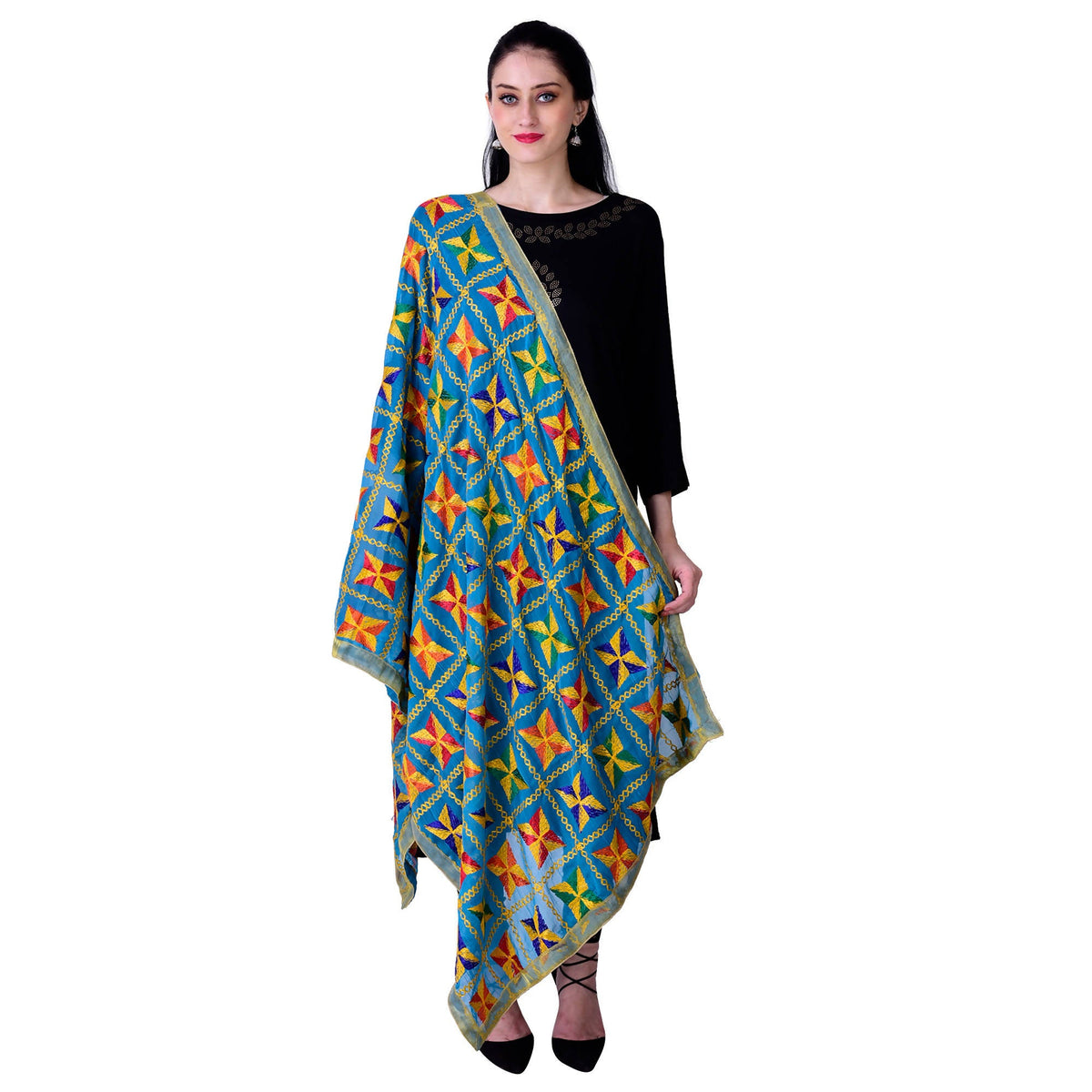 SWI Stylish Women's Embroidered Phulkari Chiffon Turquoise Dupatta | Grocsy