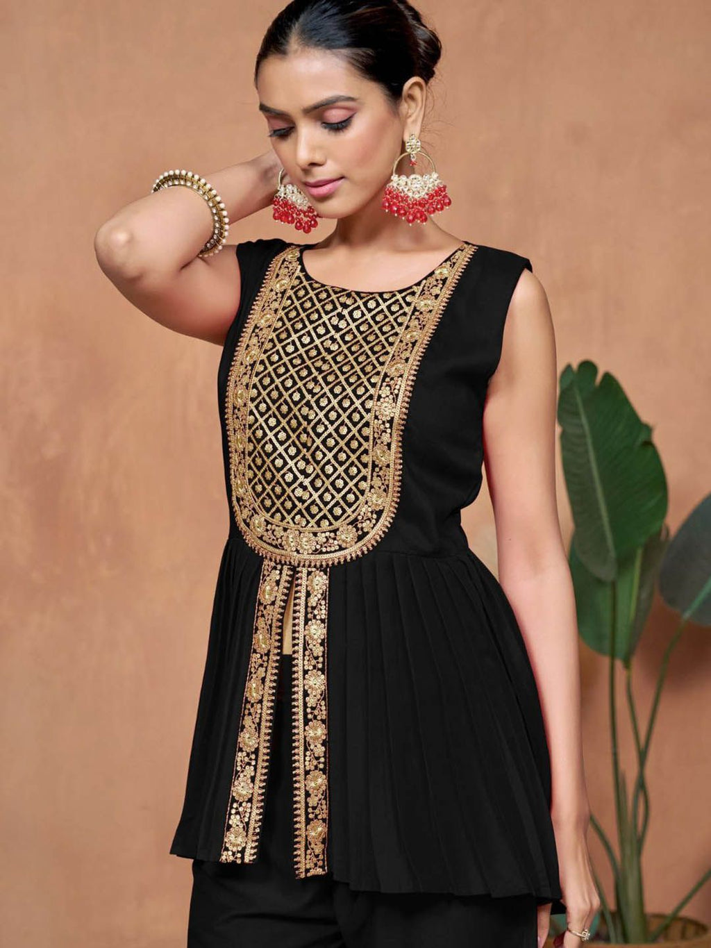 Sangria Embroidered A-line Kurta & Palazzo With Dupatta | Grocsy