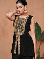 Sangria Embroidered A-line Kurta & Palazzo With Dupatta | Grocsy