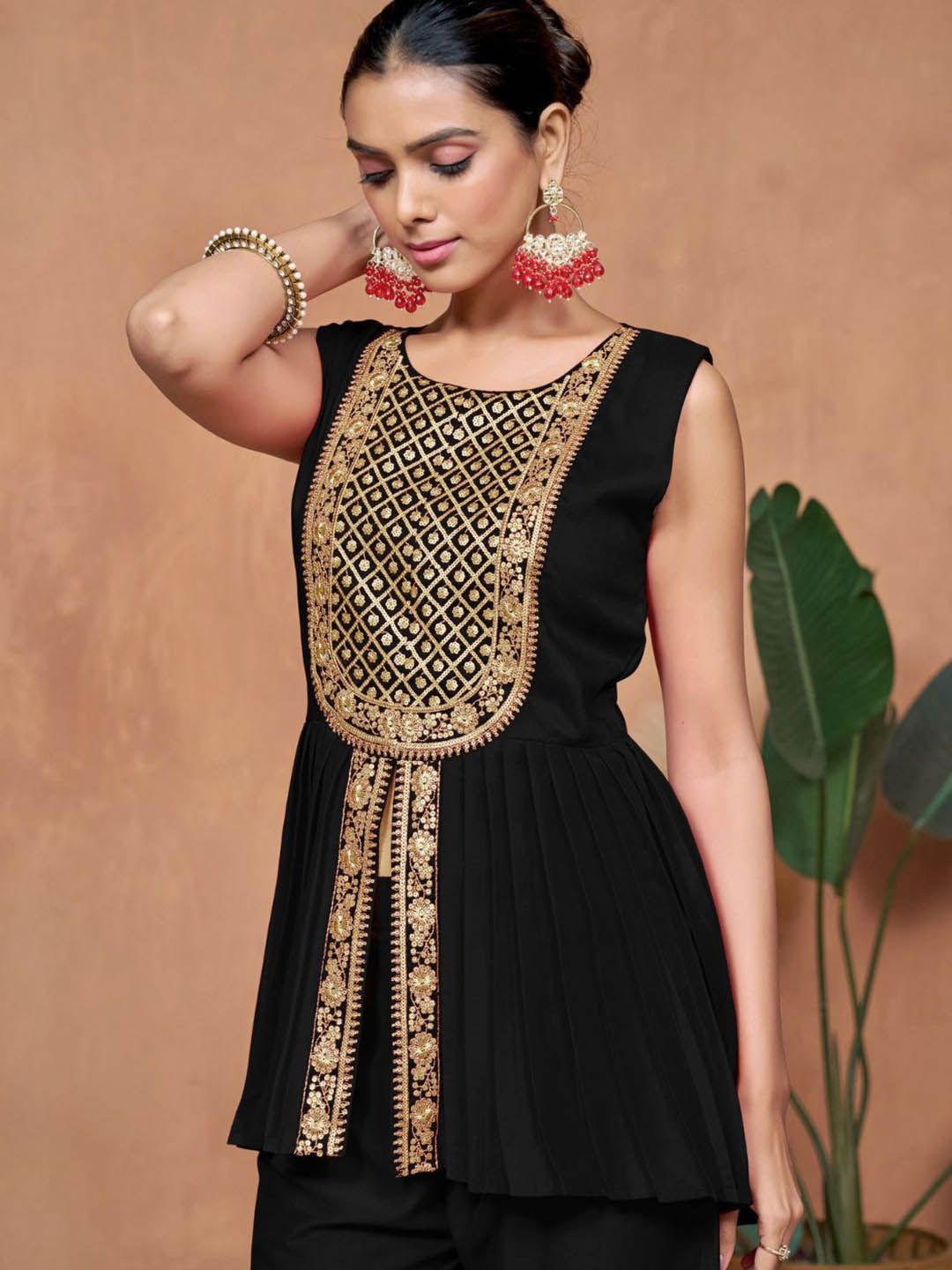 Sangria Embroidered A-line Kurta & Palazzo With Dupatta | Grocsy