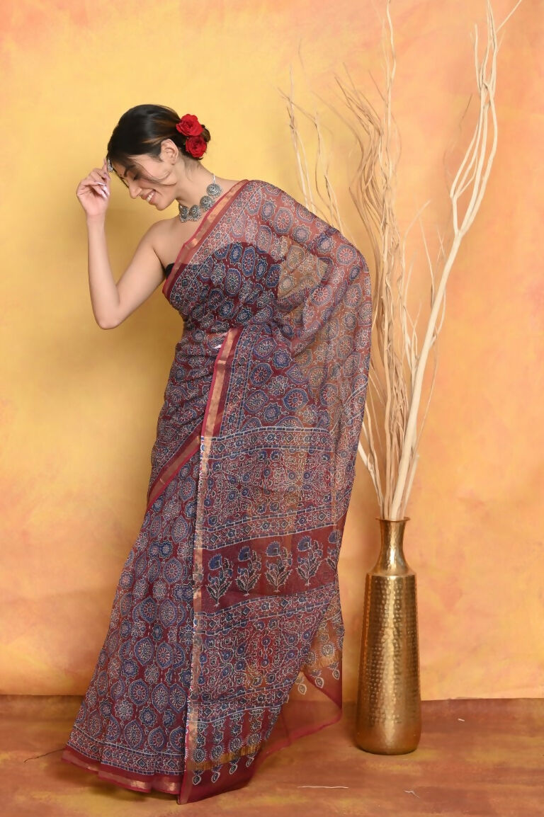 Very Much Indian Pure Kota Cotton Handblock Printed Saree - Grey | Grocsy