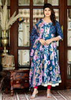 Miravan Women's Flower Printed Blue Anarkali Kurta And Dupatta | Grocsy