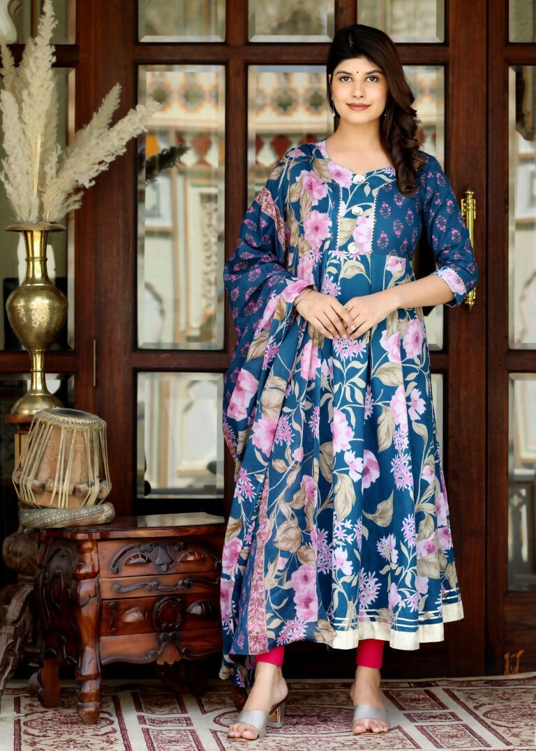 Miravan Women's Flower Printed Blue Anarkali Kurta And Dupatta | Grocsy
