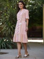 Juniper Women's Pink Cotton Printed Embroidered Flared Dress | Grocsy