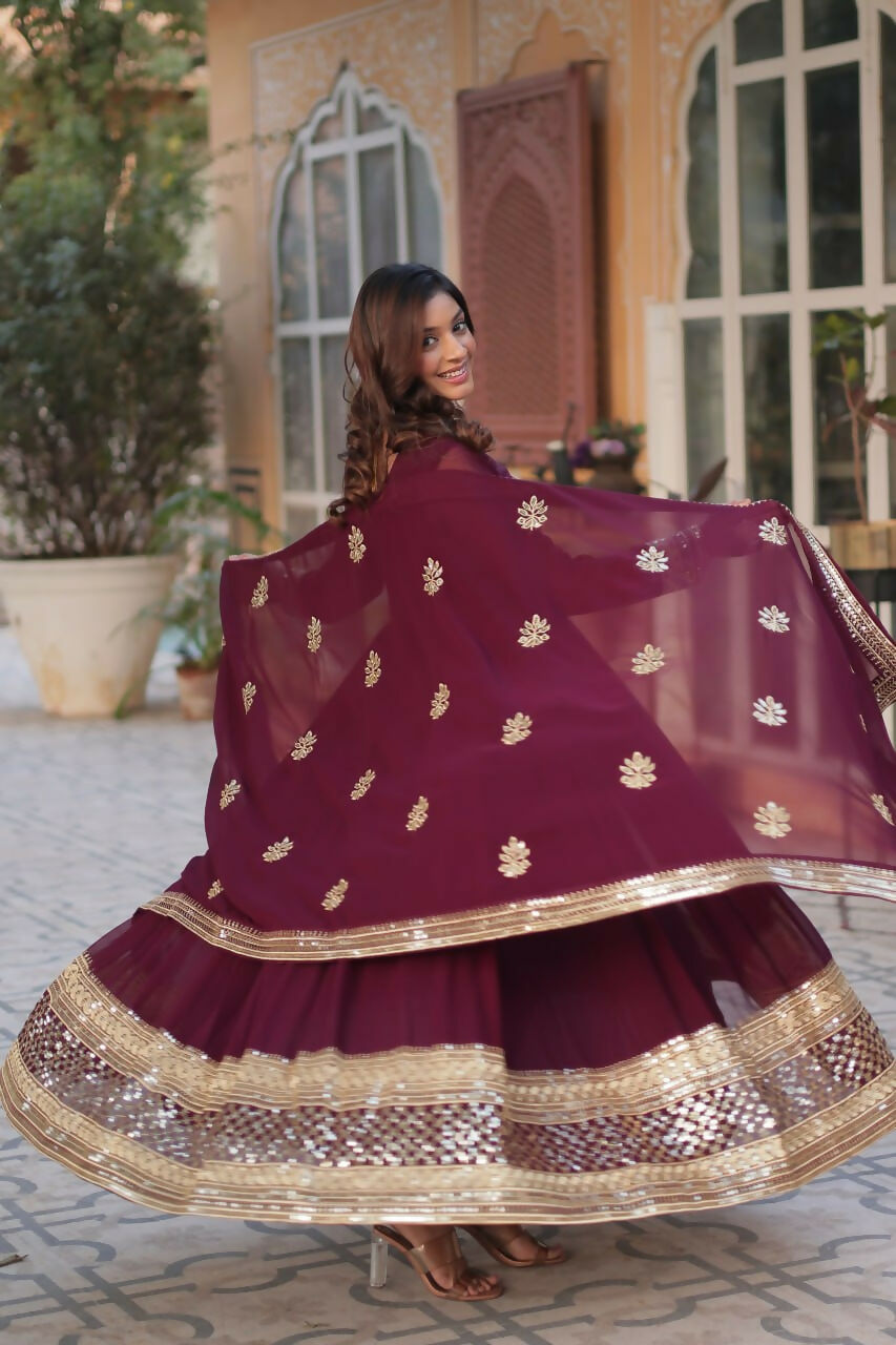 Vastranavya Premium Designer Faux Blooming with Embroidery Zari Sequins work Gown - Maroon | Grocsy