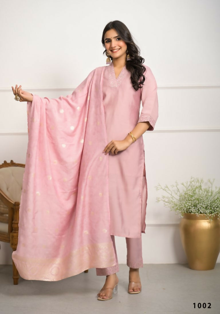 Festive Wear Ethnic Peach Viscose chanderi Stitched Suit With Dupatta - Nisha | Grocsy
