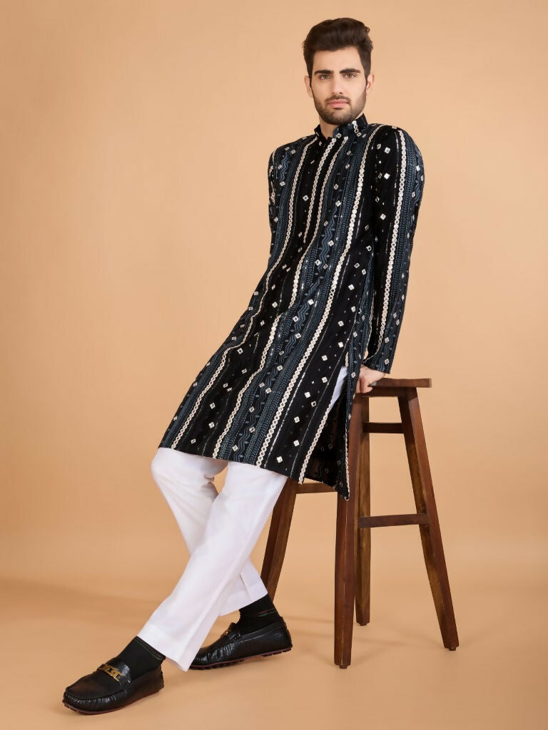 Vastranavya Black Exclusive Festival Wear Pure Viscose Rayon Sequence & Foil Mirror Heavy Embroidered Work Kurta | Grocsy