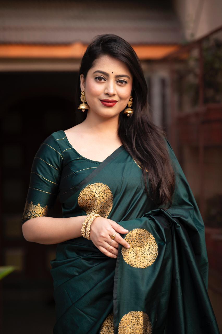 Green Silk Woven Saree with Unstitched Blouse - Hiral Fashion | Grocsy