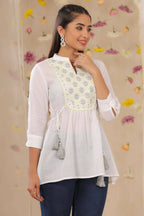 Juniper Women White Cotton Moss Embroidered A-Line Tunic | Grocsy