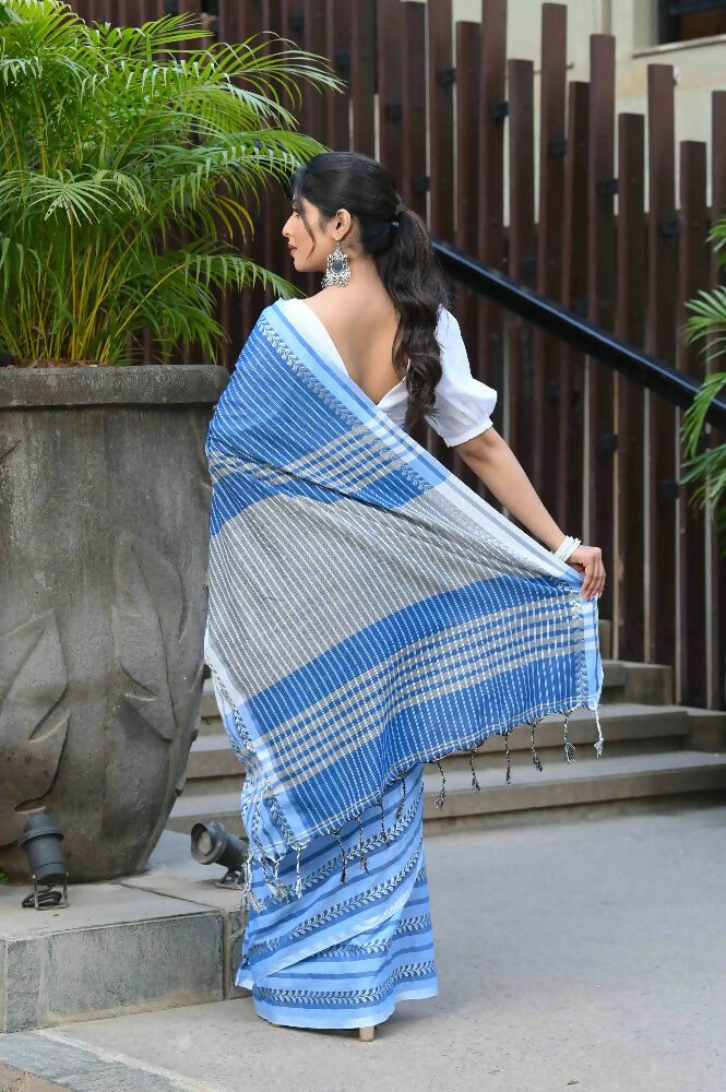Beatitude Blue Cotton Tanchori Handloom Saree | Grocsy