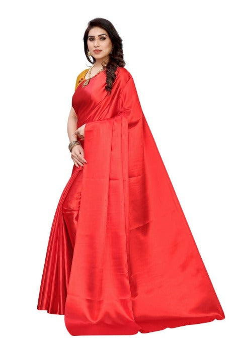 Vamika Plain Red Satin Saree (SATIN GLORY RED) | Grocsy