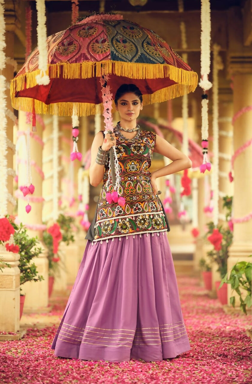 Teeya Creation Lavender Colour Rayon Silk Embroidery Work Fully Stitched Navratri Lehenga | Grocsy
