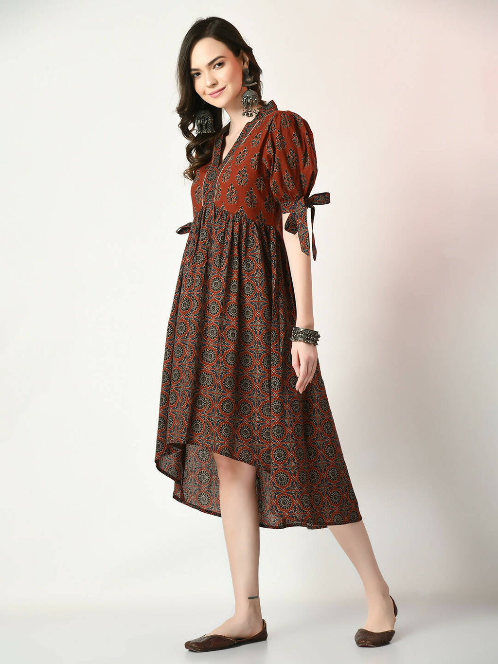 Myshka Women's Rust Empire Printed Dress | Grocsy