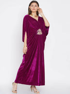 Women Republic Wine Velvet Embroiderd Gown | Grocsy