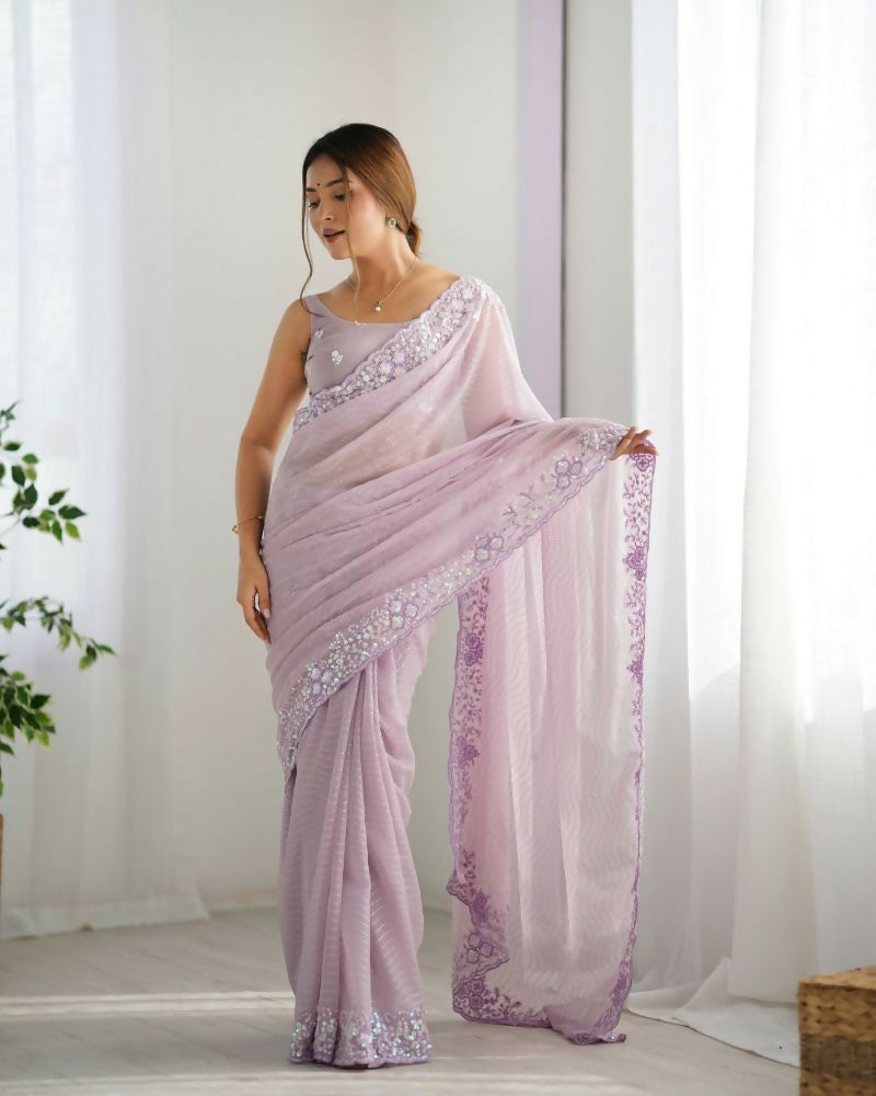 Georgette Designer Sequance Embroidery Work Party Wear Saree - Lavender | Grocsy