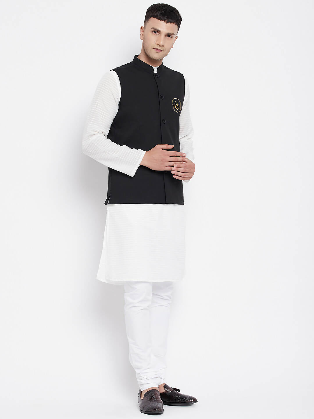 Even Apparels Black Pure Cotton Nehru Jacket With Eid Insignia PW668 | Grocsy