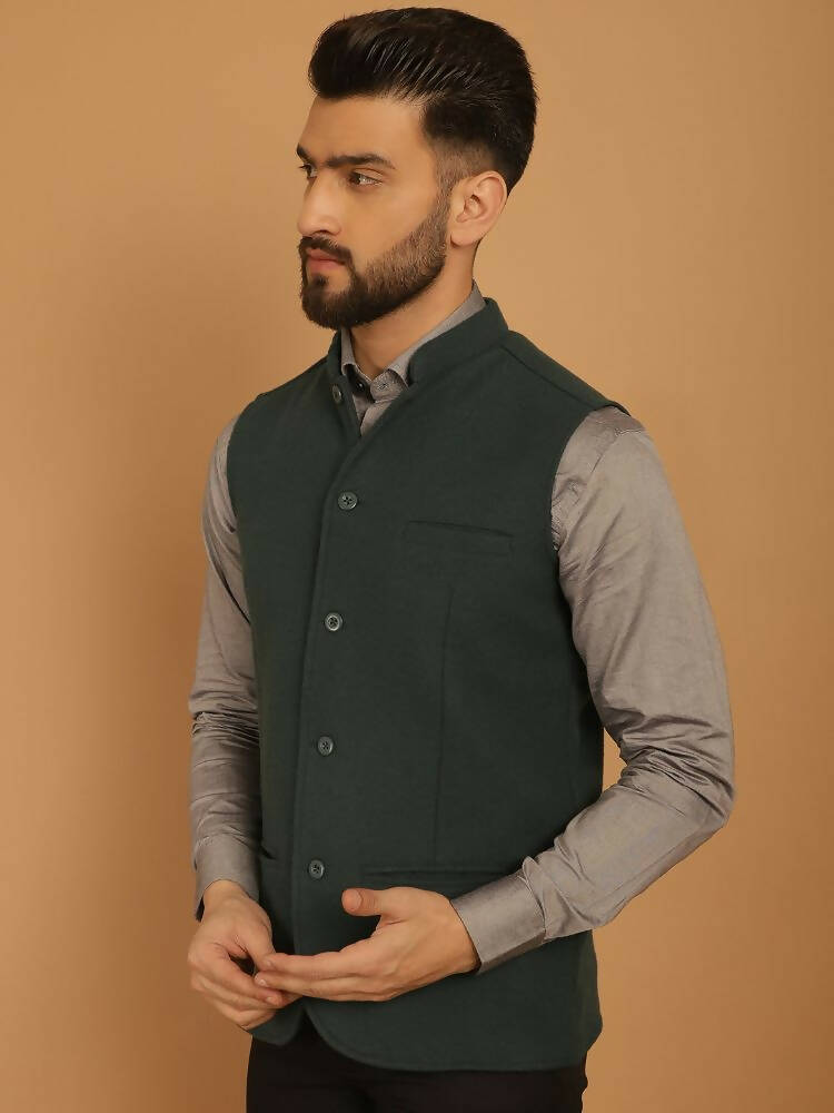 Even Apparels Pure Wool Nehru Jacket - Green | Grocsy