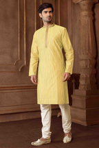 Joban Fashion Light Yellow art Silk Blend Strips kurta Pyjama | Grocsy